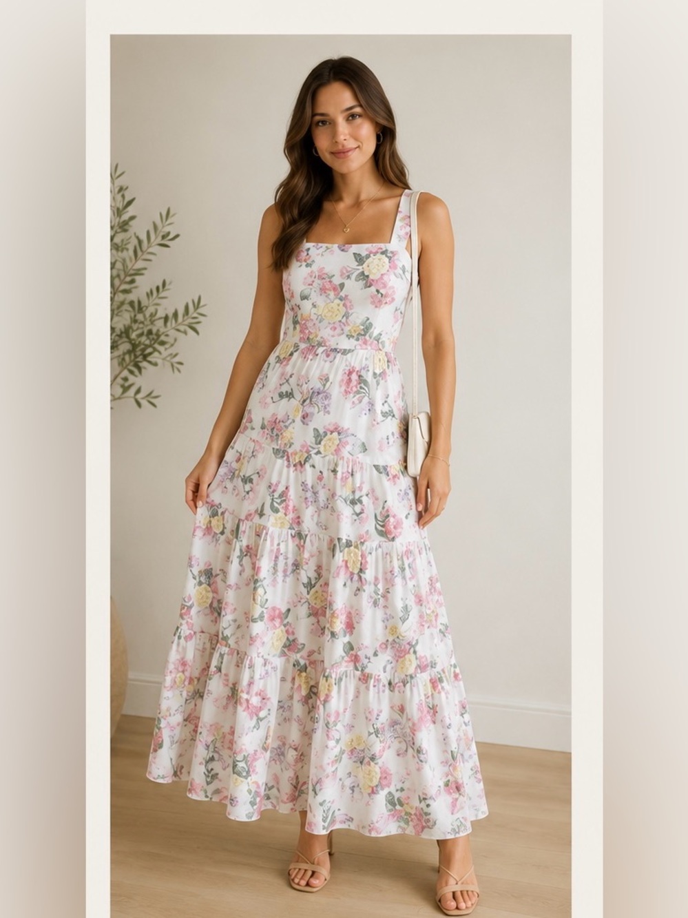 NWT Floral Square-Neck Maxi Dress in Pastel Pink and Yellow